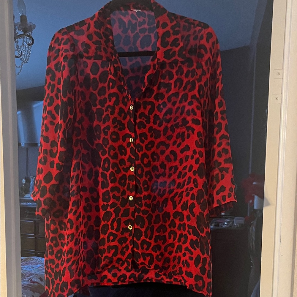Leopard Print Sheer Red Blouse